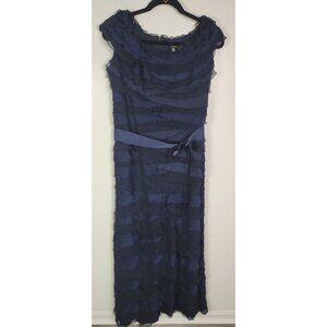 Tadashi Shoji Women's Sz.10 Navy Ruffle Silk Tiered Maxi Belted Cocktail Dress